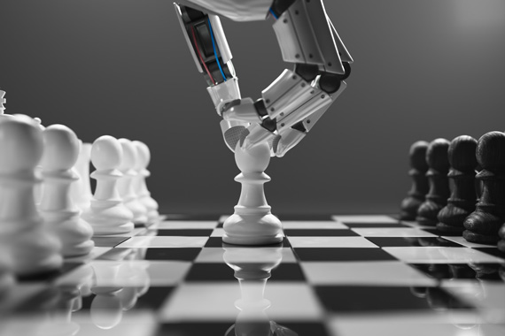 AI Readiness Strategy Robot hand playing chess.